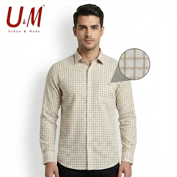 White_And_Beige_Cotton_Linen_Premium_Full_Sleeve_Checks_Shirt_For_Men