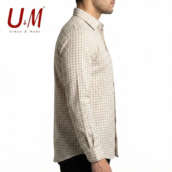 White_And_Beige_Cotton_Linen_Premium_Full_Sleeve_Checks_Shirt_For_Men