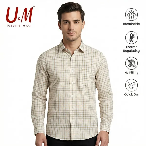 White_And_Beige_Cotton_Linen_Premium_Full_Sleeve_Checks_Shirt_For_Men