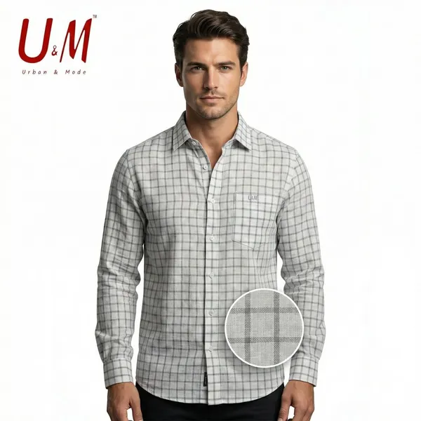 White_And_Grey_Cotton_Linen_Premium_Full_Sleeve_Checks_Shirt_For_Men