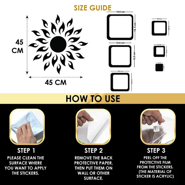 Golden_Sun_With_12_Square_Acrylic_Wall_Mirror_Stickers