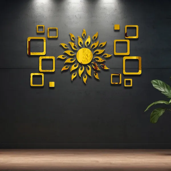 Golden_Sun_With_12_Square_Acrylic_Wall_Mirror_Stickers