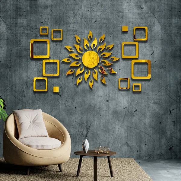 Golden_Sun_With_12_Square_Acrylic_Wall_Mirror_Stickers