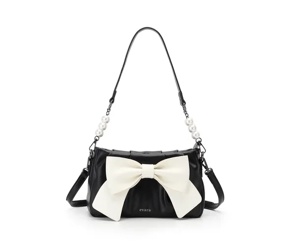 Black_Faux_Leather_Pearl_Handle_Bow_Shoulder_Bag_for_Women