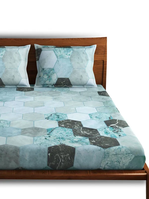 Green_Hexagon_Teal_Queen_Size_Bed_Sheet_300Tc_100_Percent_Cotton_Soft_Breathable_Durable_Luxurious_Bedding_Set_100_X_90_In_With_2_Pillow_Covers_18X27_In