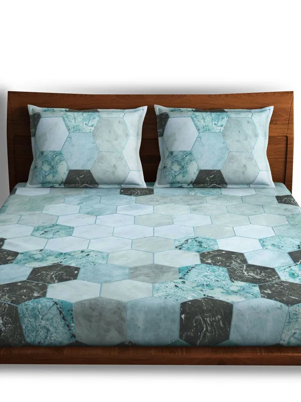 Green_Hexagon_Teal_Queen_Size_Bed_Sheet_300Tc_100_Percent_Cotton_Soft_Breathable_Durable_Luxurious_Bedding_Set_100_X_90_In_With_2_Pillow_Covers_18X27_In
