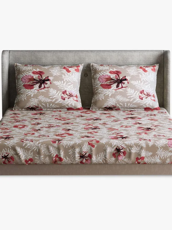 Beige_Premium_Queen_Size_Bed_Sheet,_Poinciana_Beige_300_Tc_100_Percent_Cotton_2_Pillow_Covers