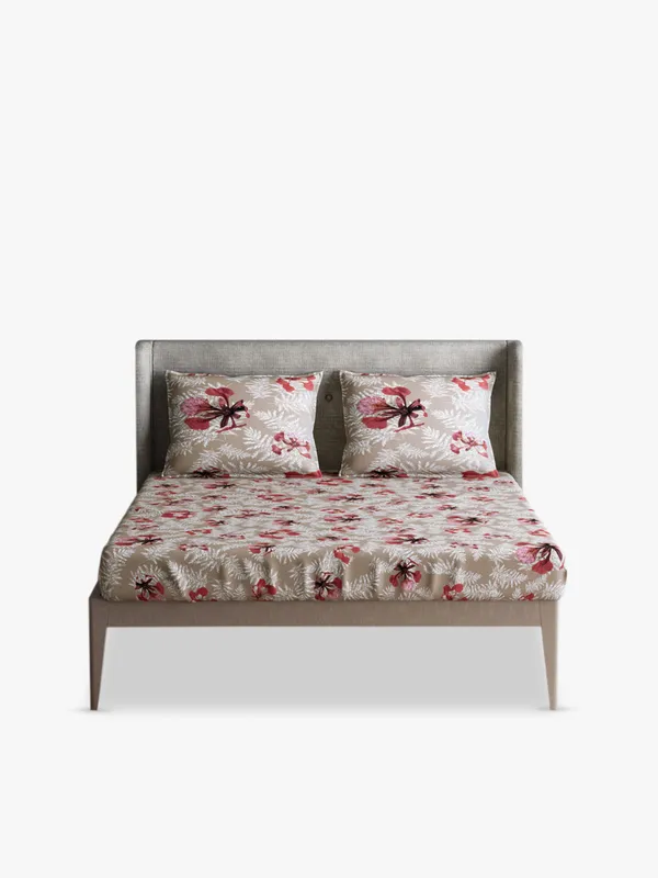 Beige_Premium_Queen_Size_Bed_Sheet,_Poinciana_Beige_300_Tc_100_Percent_Cotton_2_Pillow_Covers