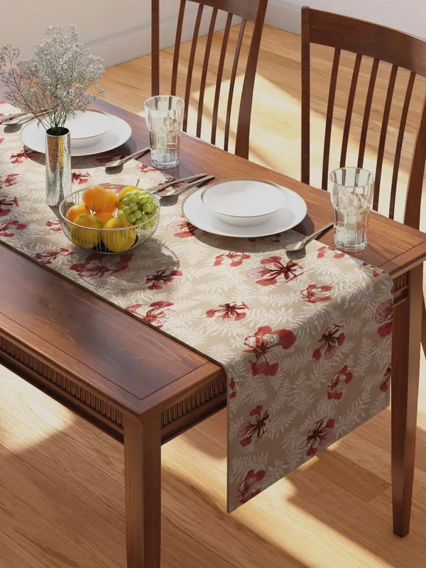 Beige_100%_Cotton_Printed_Table_Runner_70In_X_13In_Poinciana_Beige_Collection_Soft_Durable_Breathable_Nature-Inspi_Design_Elegant_Machine_Washable_Stylish