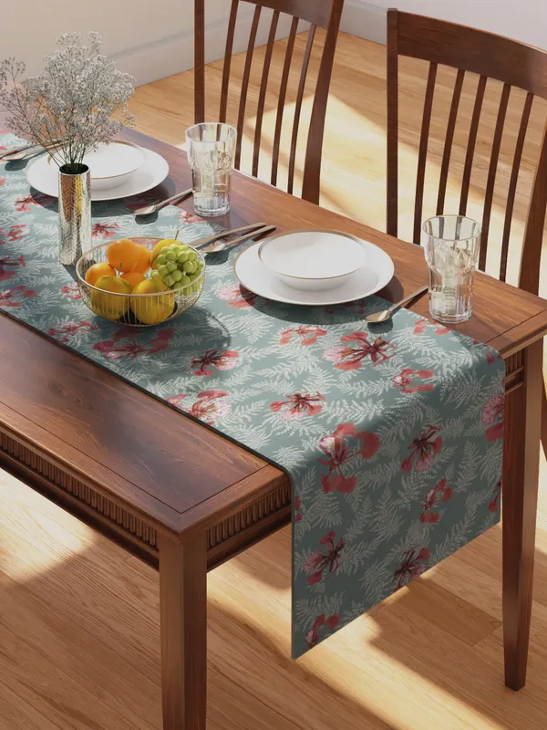 Green_100%_Cotton_Printed_Table_Runner_70In_X_13In_Poinciana_Teal_Collection_Soft_Durable_Breathable_Nature-Inspi_Design_Elegant_Machine_Washable_Stylish