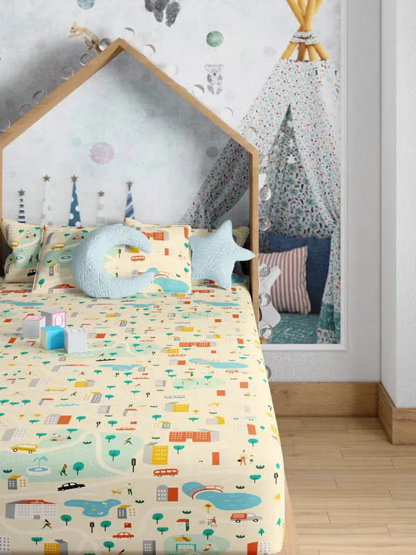 Beige_City_Cream_200_Tc_Cotton_Single_Kids_Bed_Sheet_60X90_With_1_Pillow_Cover_18X27_Soft_Breathable_Durable_Lightweight_Easy_To_Wash_Colorful_Design_Perfect_For_Kids_Bedroom_Comfort