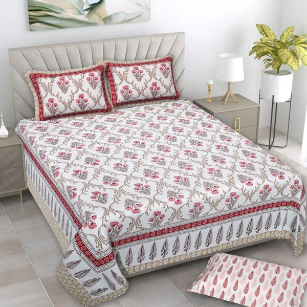 Red_And_Off_White_Floral_Handblock_Print_Cotton_Bedsheet_Set_With_2_Pillow_Covers_For_Home_And_Decor