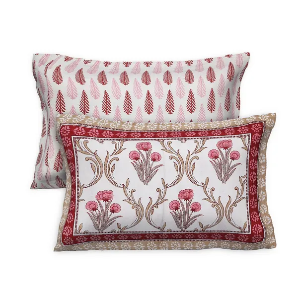 Red_And_Off_White_Floral_Handblock_Print_Cotton_Bedsheet_Set_With_2_Pillow_Covers_For_Home_And_Decor