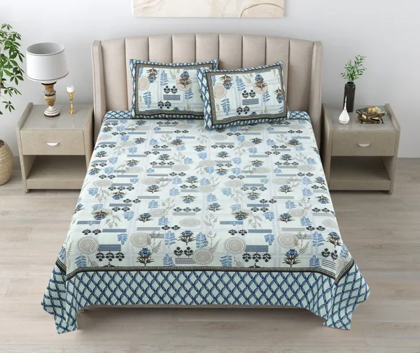 Blue_And_White_Floral_Print_Premium_Cotton_Double_Bedsheet_With_2_Pillow_Covers_For_Home_Decor