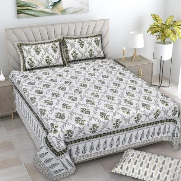 White_With_Green_And_Grey_Floral_Print_Premium_Cotton_Double_Bedsheet_2_Pillow_Covers_For_Home_And_Decor