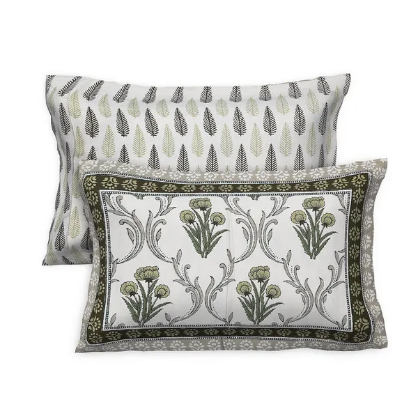 White_With_Green_And_Grey_Floral_Print_Premium_Cotton_Double_Bedsheet_2_Pillow_Covers_For_Home_And_Decor