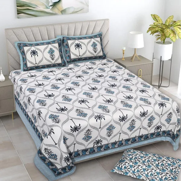 Off_White_And_Navy_Blue_Palm_Tree_Floral_Print_Cotton_Bedsheet_Set_1_2_Pillow_Covers_For_Home_And_Decor