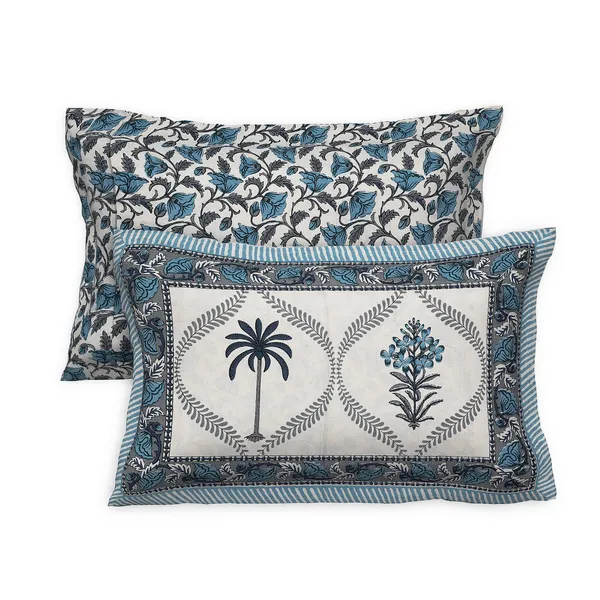 Off_White_And_Navy_Blue_Palm_Tree_Floral_Print_Cotton_Bedsheet_Set_1_2_Pillow_Covers_For_Home_And_Decor