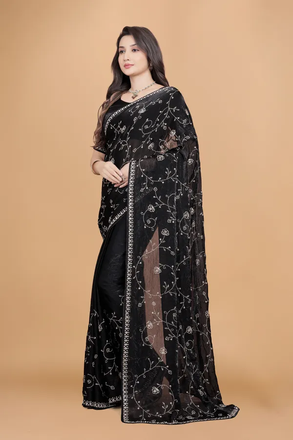 Black_Satin_Fancy_Stone_Work_Saree_For_Women