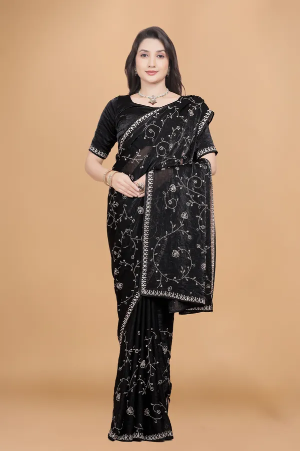 Black_Satin_Fancy_Stone_Work_Saree_For_Women