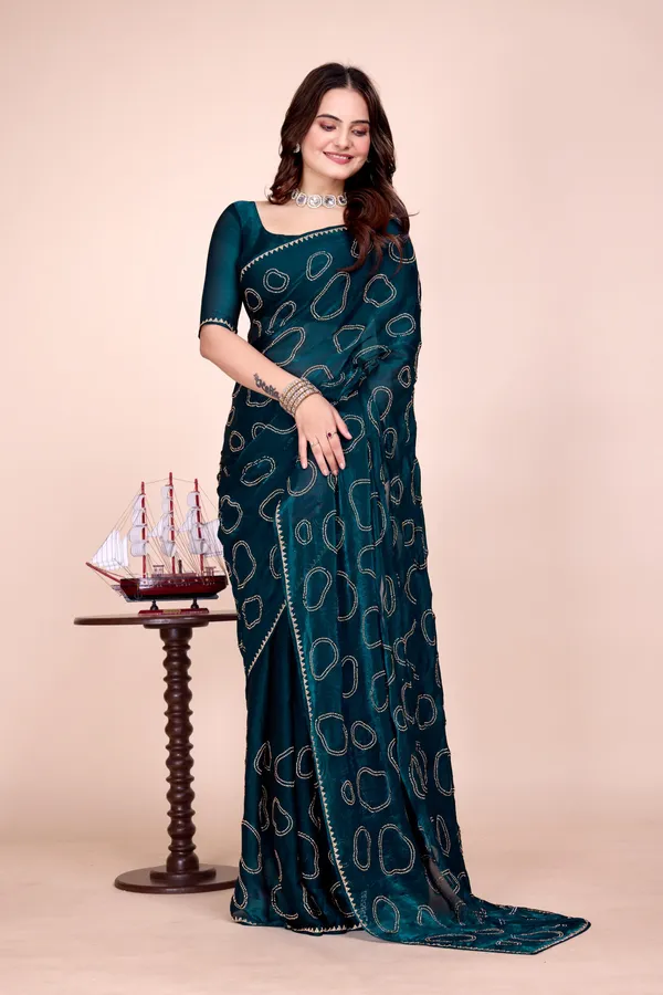 Deep_Green_Fendi_Satin_Stone_Work_Saree_For_Women