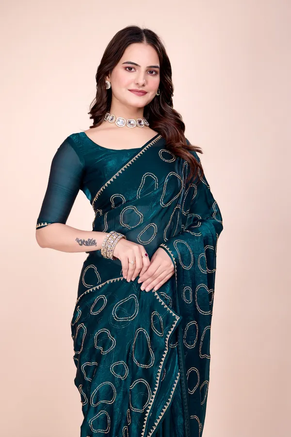 Deep_Green_Fendi_Satin_Stone_Work_Saree_For_Women