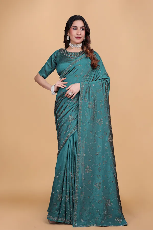 Firozi_Silk_Stone_Work_Saree_For_Women