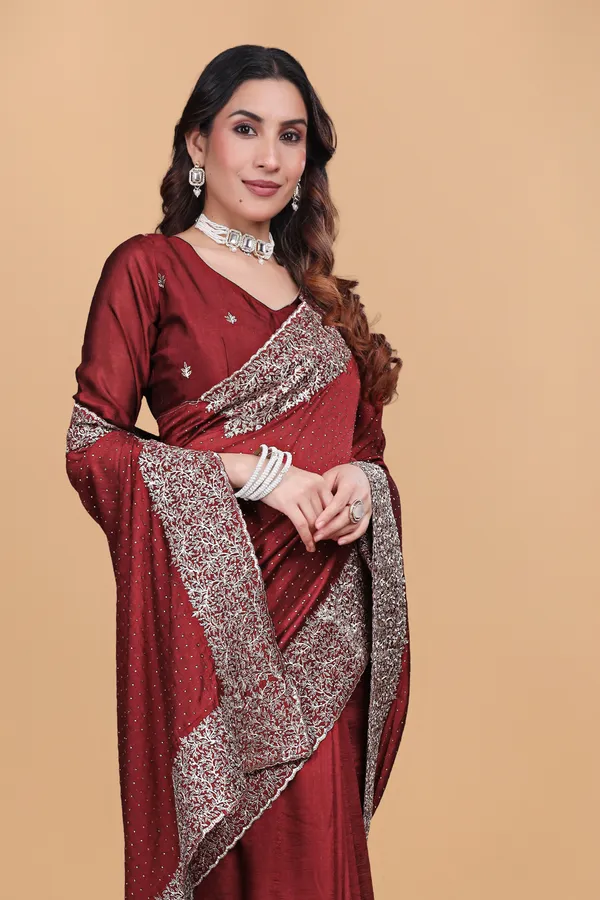 Maroon_Chiffon_Embroidery_Work_Saree_For_Women