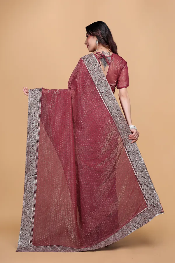 Peach_Crunchy_Embroidery_Work_Saree_For_Women