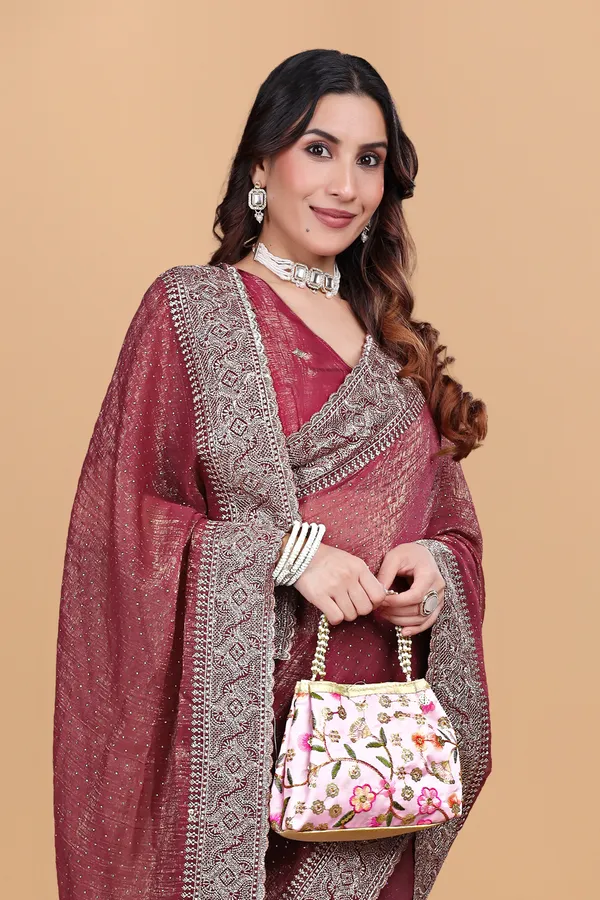 Peach_Crunchy_Embroidery_Work_Saree_For_Women