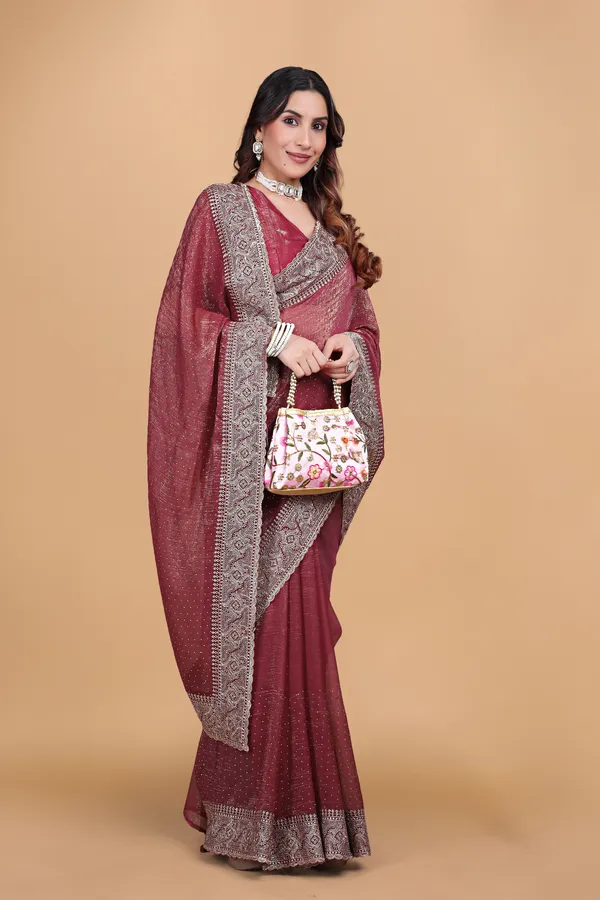 Peach_Crunchy_Embroidery_Work_Saree_For_Women