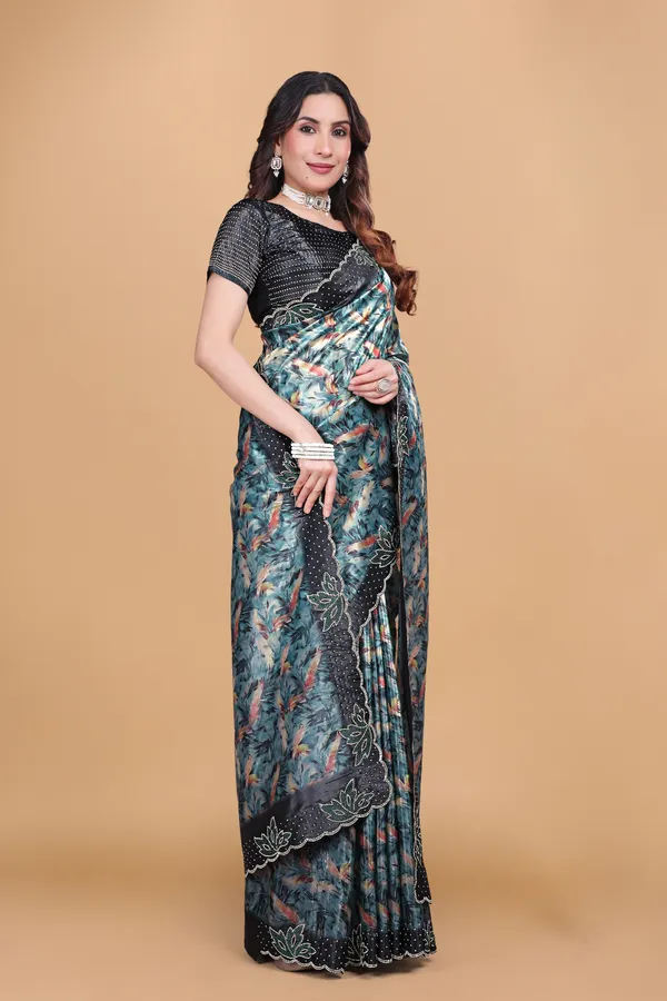 Sky_Blue_Satin_Printed_With_Stone_Work_Saree_For_Women
