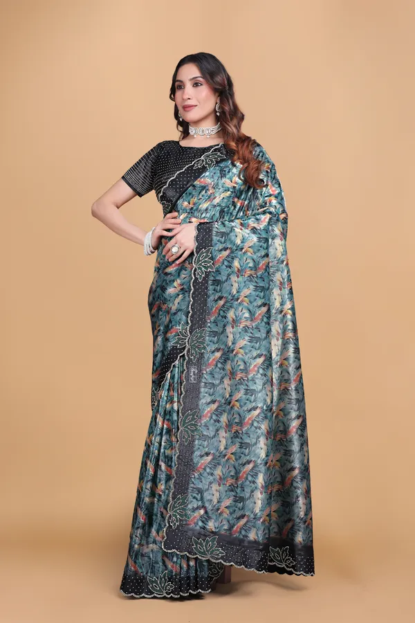 Sky_Blue_Satin_Printed_With_Stone_Work_Saree_For_Women
