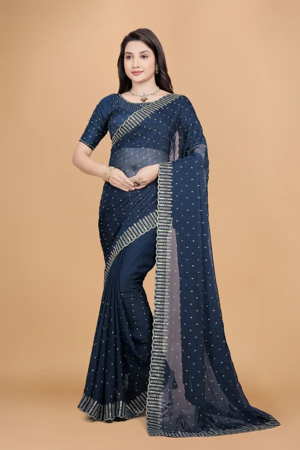 Teal_Blue_Georgette_Stone_Work_Saree_For_Women