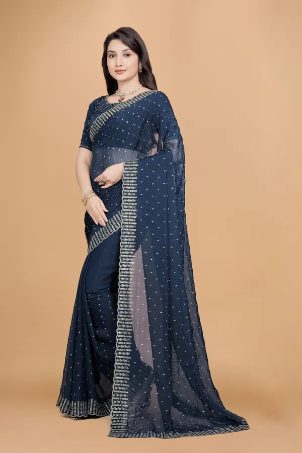 Teal_Blue_Georgette_Stone_Work_Saree_For_Women