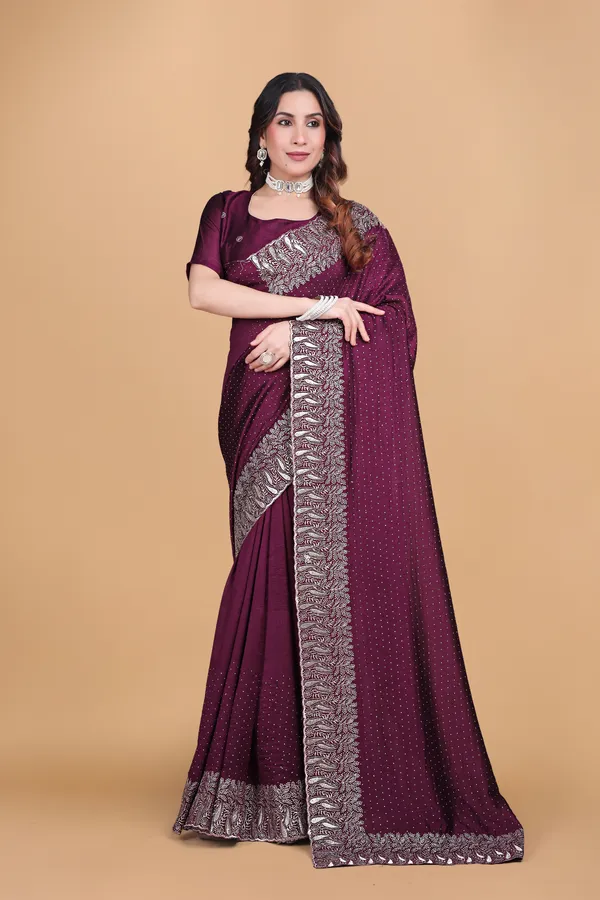 Wine_Chiffon_Swarovski_Embroidery_Work_Saree_For_Women