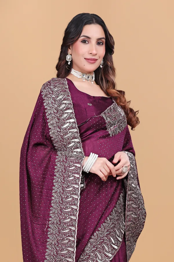 Wine_Chiffon_Swarovski_Embroidery_Work_Saree_For_Women