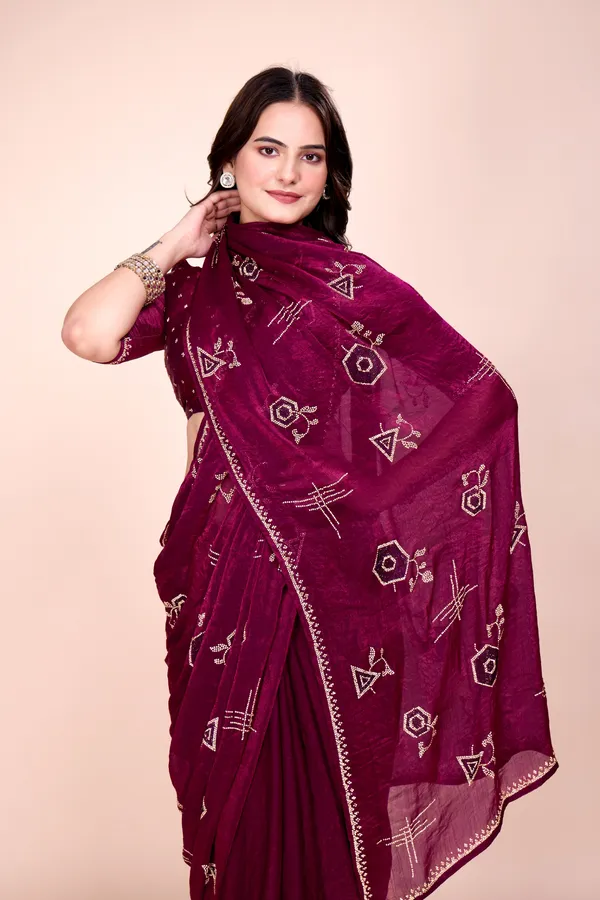 Wine_Fendi_Satin_Stone_Work_Saree_For_Women