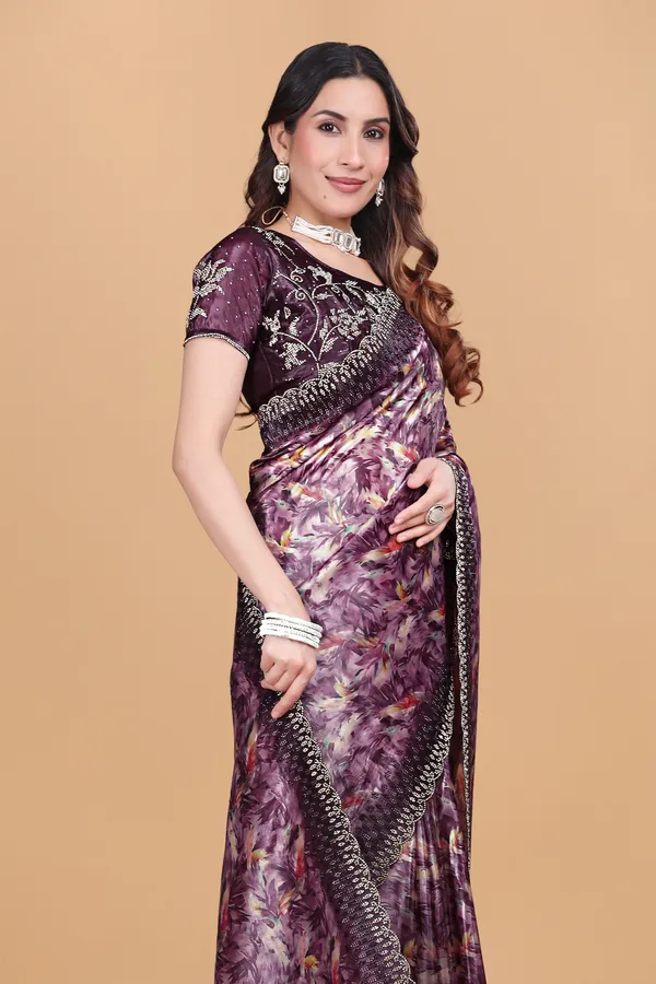 Wine_Printed_Satin_Stone_Work_Saree_For_Women