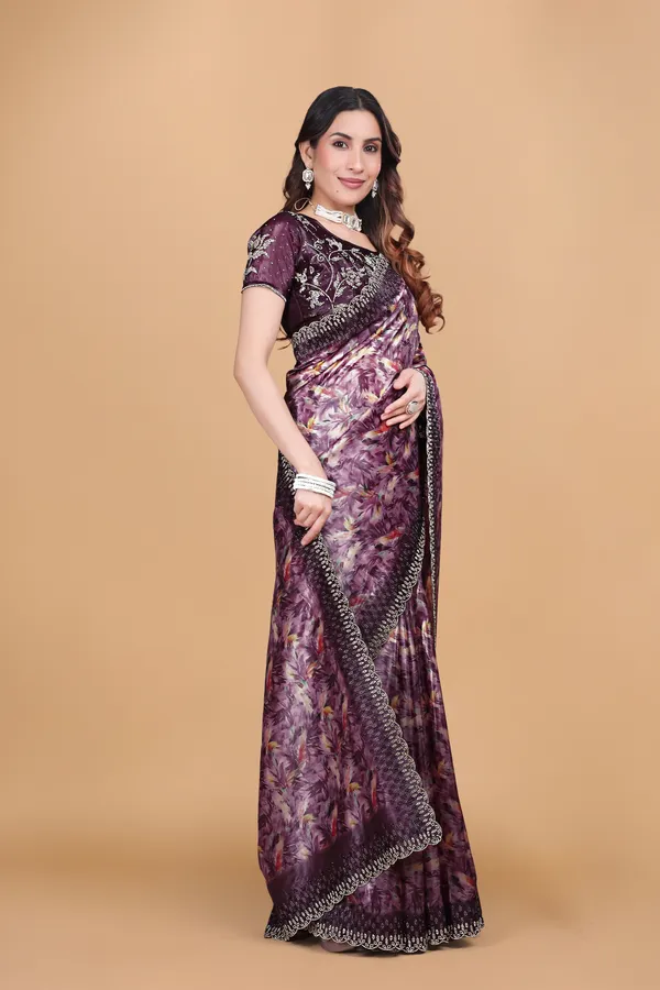 Wine_Printed_Satin_Stone_Work_Saree_For_Women