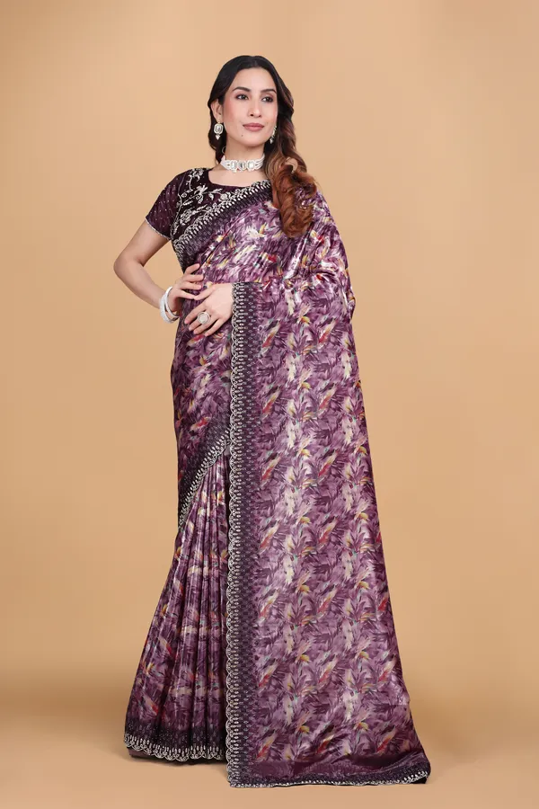Wine_Printed_Satin_Stone_Work_Saree_For_Women