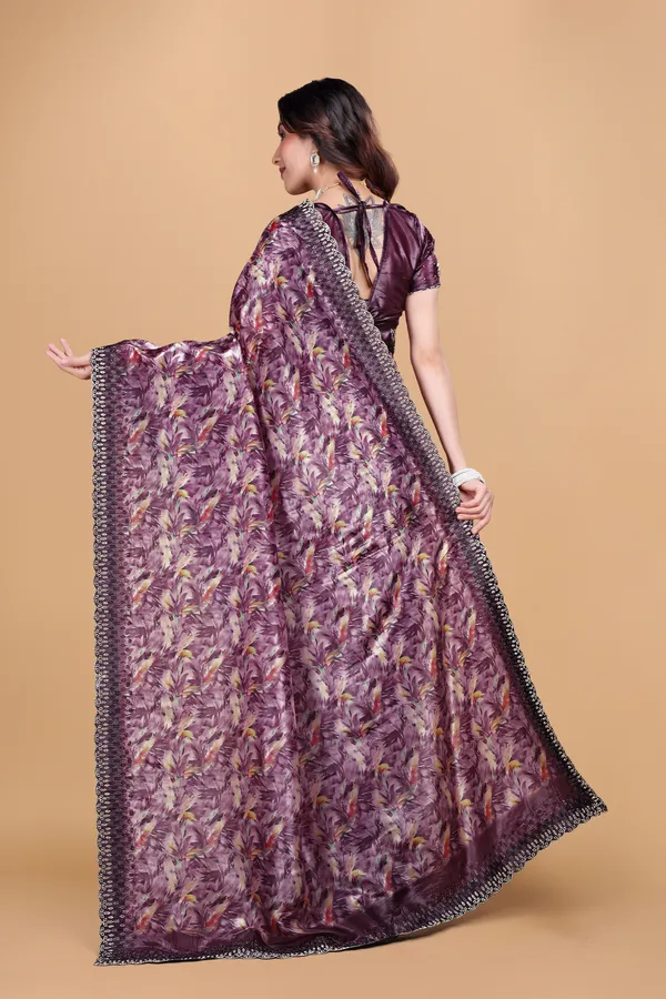 Wine_Printed_Satin_Stone_Work_Saree_For_Women