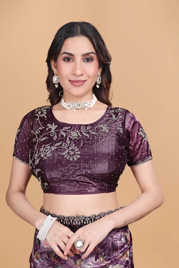 Wine_Printed_Satin_Stone_Work_Saree_For_Women