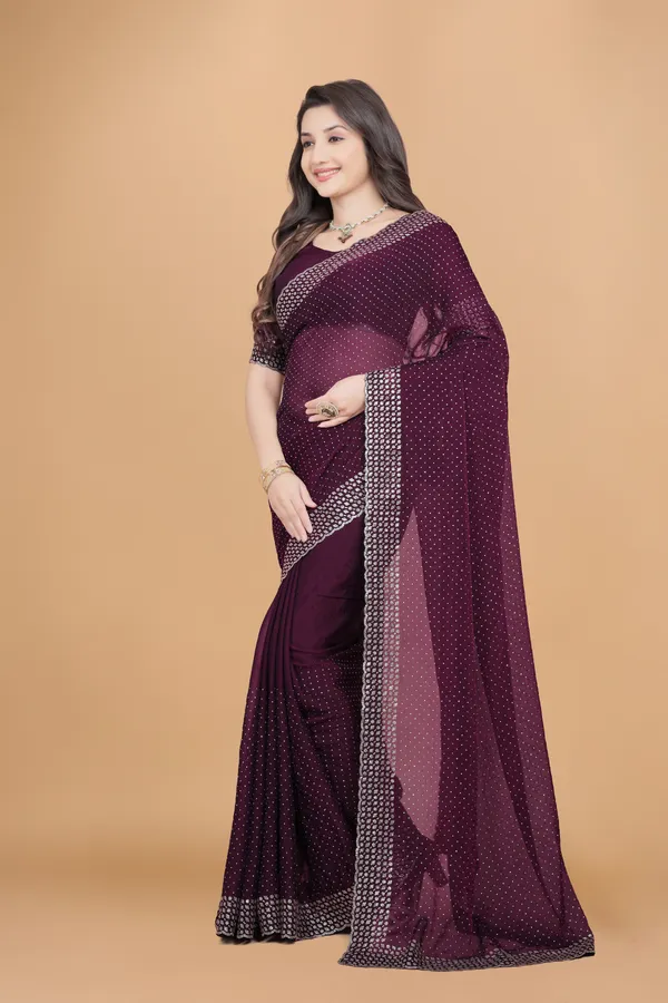 Wine_Silk_Stone_Work_Saree_For_Women