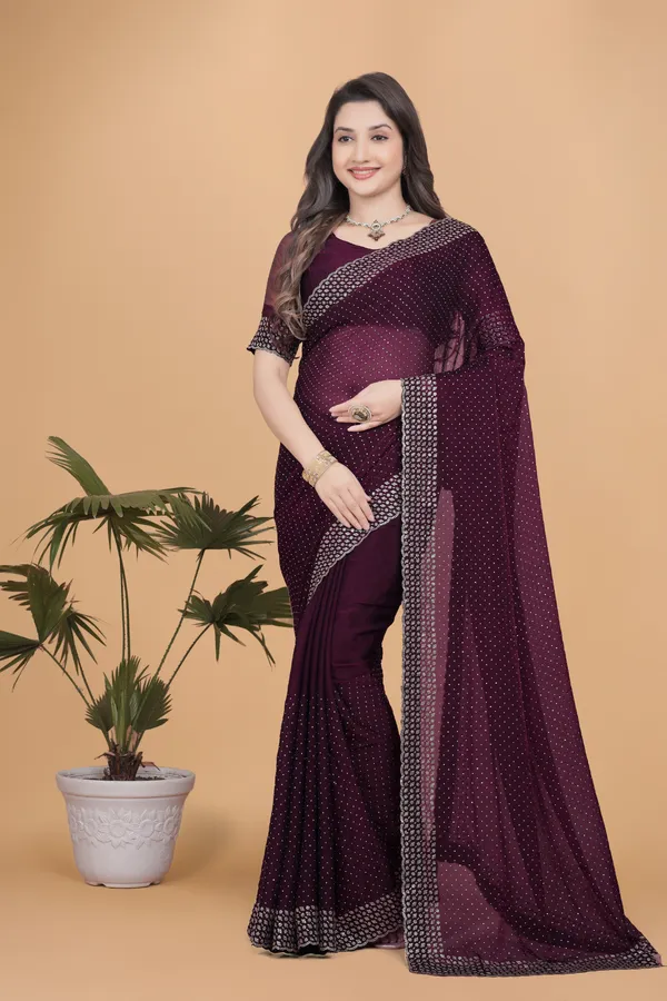 Wine_Silk_Stone_Work_Saree_For_Women