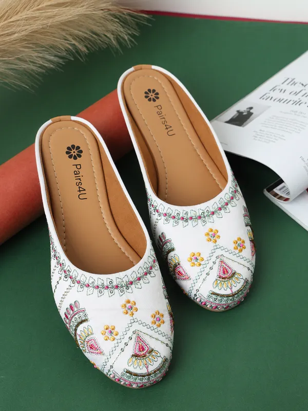 White_Embellished_Embroidered_Canvas_Slip_On_Flats_For_Women
