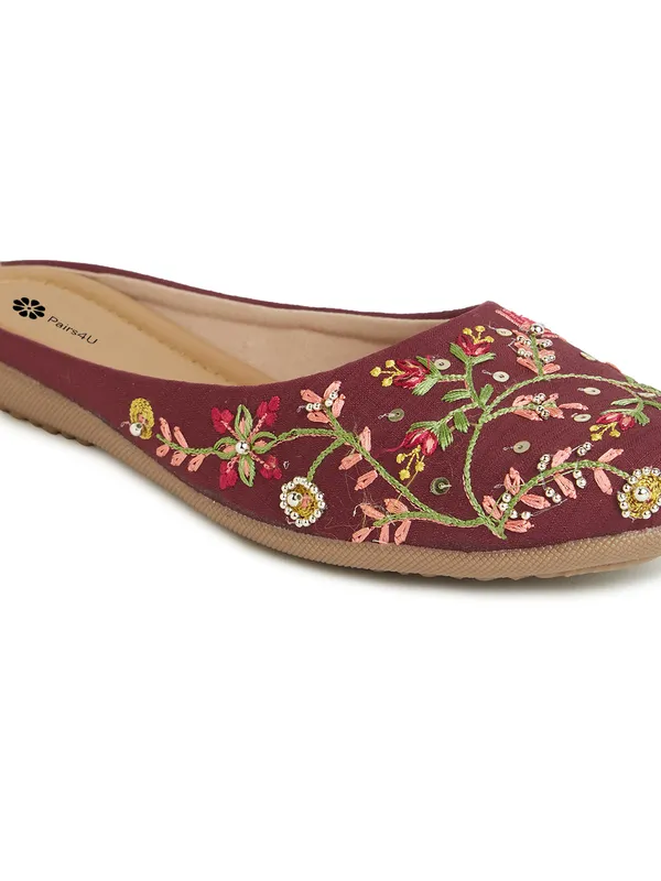 Maroon_Embellished_Ethnic_Mules_Flats_For_Women