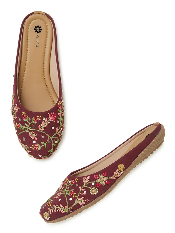 Maroon_Embellished_Ethnic_Mules_Flats_For_Women