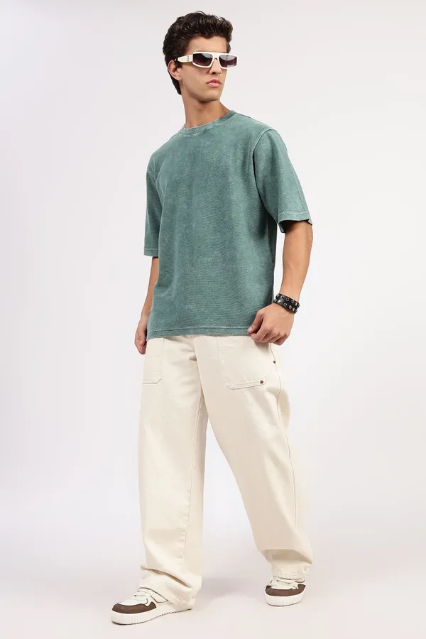 Green_Cotton_Textured_T-Shirt_For_Men_-_Oversized_Fit