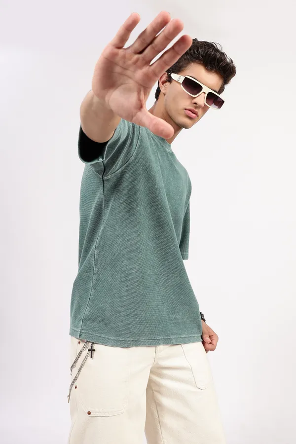 Green_Cotton_Textured_T-Shirt_For_Men_-_Oversized_Fit